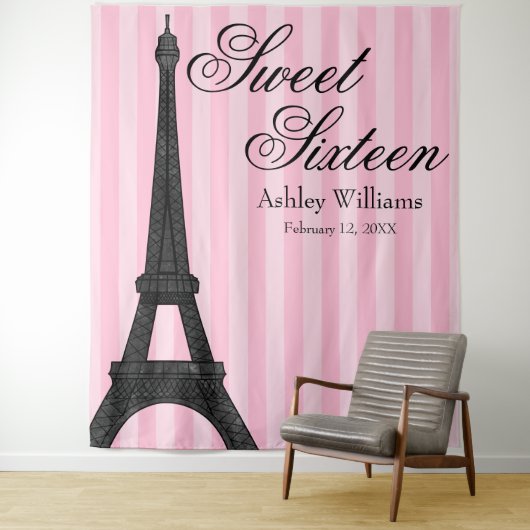Roze streep Paris thema Sweet 16 achtergrond Wandkleed (In situ)