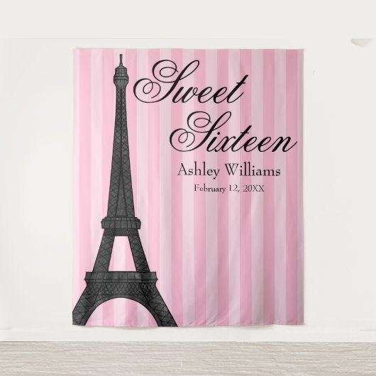Roze streep Paris thema Sweet 16 achtergrond Wandkleed (Voorkant)