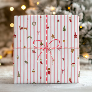 Roze Streep Retro Schattige Kerst Iconen Cadeaupapier