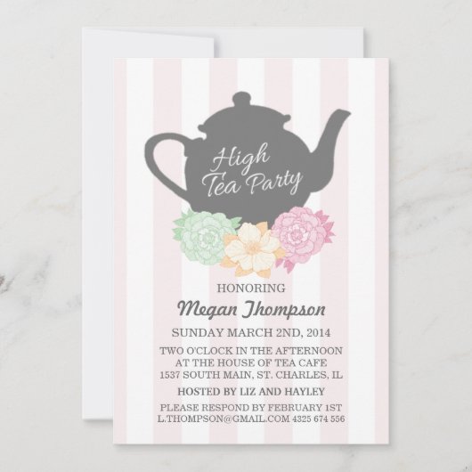 Roze Streep & Theepot High Tea Uitnodiging (Voorkant)