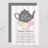 Roze Streep & Theepot High Tea Uitnodiging (Voorkant / Achterkant)