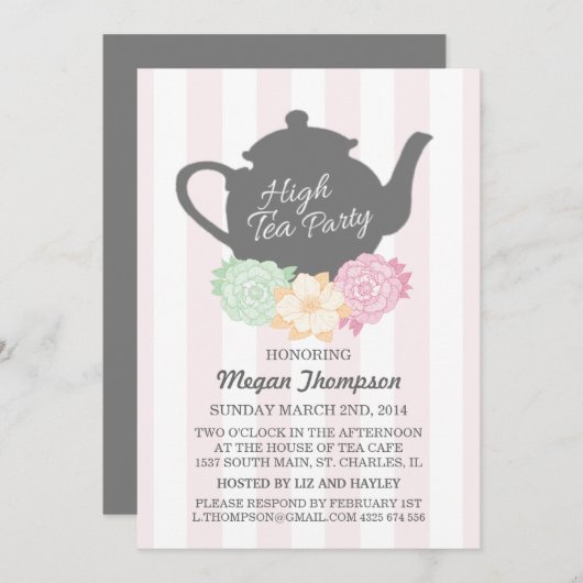 Roze Streep & Theepot High Tea Uitnodiging (Voorkant / Achterkant)