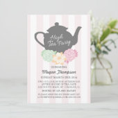 Roze streep & theepot Hoge Thee Uitnodiging (Staand voorkant)