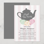 Roze streep & theepot Hoge Thee Uitnodiging (Voorkant / Achterkant)