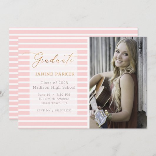 Roze streep Voeg je eigen foto-Afstuderen toe Aankondiging (Voorkant / Achterkant)