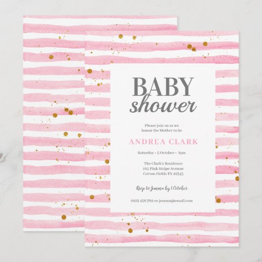 Roze Streep Waterverf Baby shower Uitnodiging (Voorkant / Achterkant)