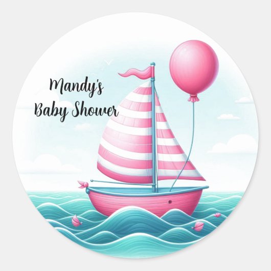 Roze Streep Zeilboot Ballon Baby shower Ronde Sticker (Voorkant)