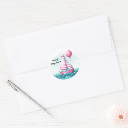 Roze Streep Zeilboot Ballon Baby shower Ronde Sticker (Envelop)