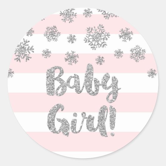 Roze Streep Zilveren Sneeuwvlok Winter Baby shower Ronde Sticker (Voorkant)
