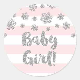 Roze Streep Zilveren Sneeuwvlok Winter Baby shower Ronde Sticker