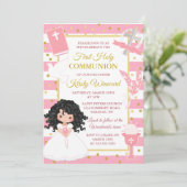 Roze Streep Zwart Haar Meisje Eerste Heilige Commu Kaart (Staand voorkant)