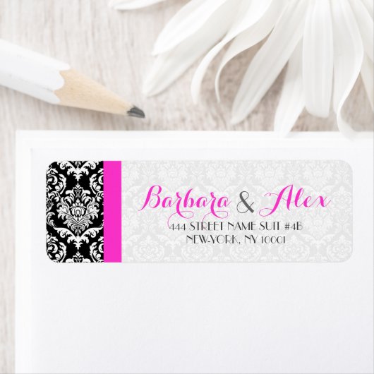 Roze Streep Zwart-wit Damasks 2 Etiket (Insitu)