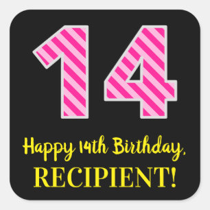 Roze streepjes "14": Happy 14th Birthday + naam Vierkante Sticker