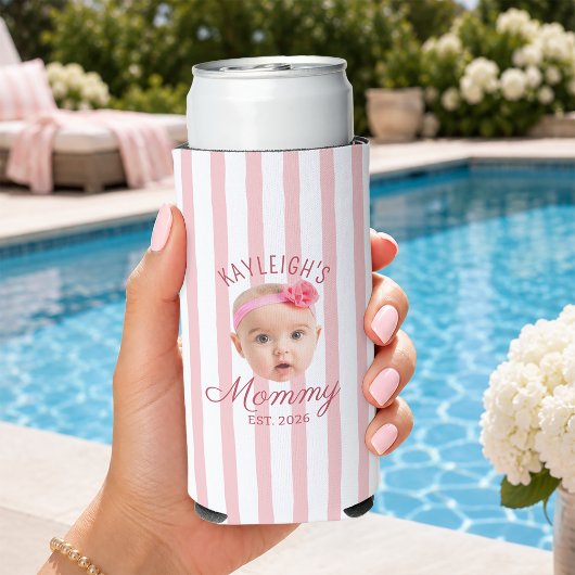 Roze Strepen Aangepaste Foto Geschenk Moeder Mama Seltzer Blikjeskoeler