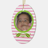 Roze strepen Baby's 1e kerstfoto Ornament (Links)