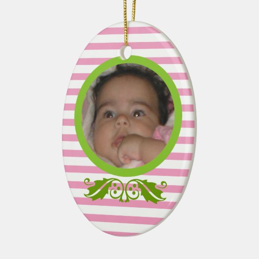 Roze strepen Baby's 1e kerstfoto Ornament (Links)