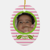 Roze strepen Baby's 1e kerstfoto Ornament (Voorkant)