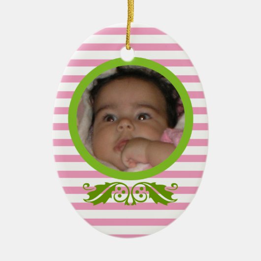 Roze strepen Baby's 1e kerstfoto Ornament (Voorkant)