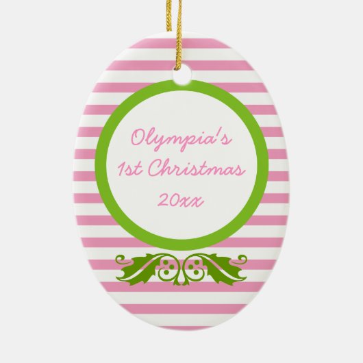 Roze strepen Baby's 1e kerstfoto Ornament (Achterkant)