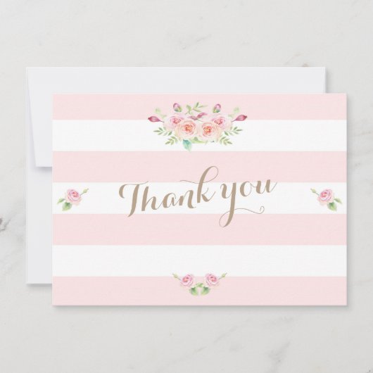 Roze Strepen Bloemen bruiloft Dank u Bedankkaart (Voorkant)
