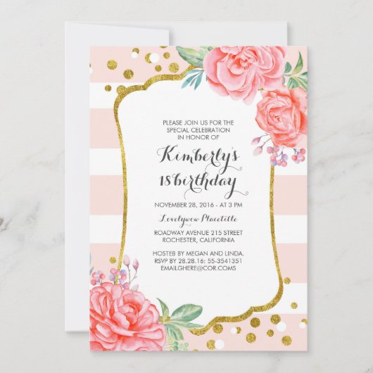 Roze Strepen Bloemen Goud Confetti Verjaardagsfees Kaart (Voorkant)