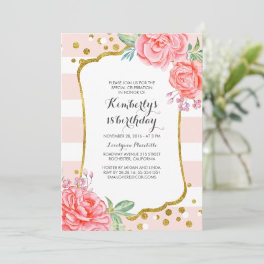 Roze Strepen Bloemen Goud Confetti Verjaardagsfees Kaart (Staand voorkant)