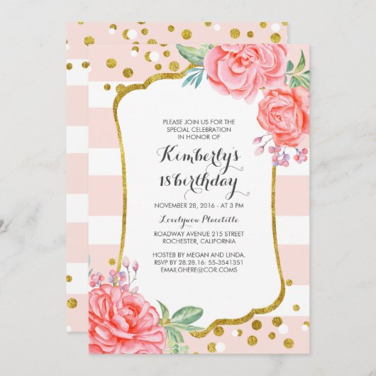 Roze Strepen Bloemen Goud Confetti Verjaardagsfees Kaart (Voorkant / Achterkant)