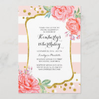 Roze Strepen Bloemen Goud Confetti Verjaardagsfees