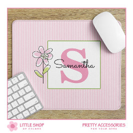 Roze strepen Bloemen Monogrammed Muismat