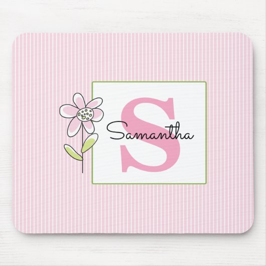 Roze strepen Bloemen Monogrammed Muismat (Voorkant)