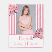 Roze strepen bloemenfoto naam 21e verjaardag fleece deken (Voorkant)