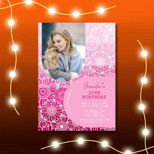 Roze Strepen Boog Foto Bloemen Verjaardag Kaart