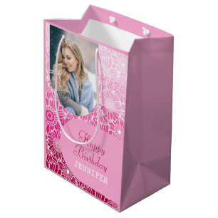 Roze Strepen Boog Foto Bloemen Verjaardag Medium Cadeauzakje