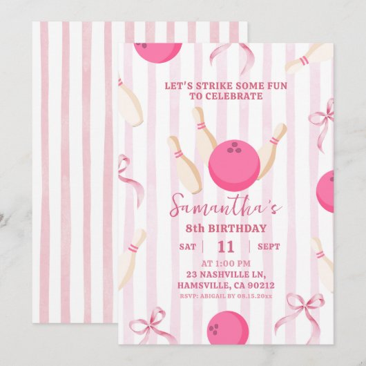 Roze Strepen Bow Girl Bowling Game Tijd Verjaardag Kaart (Voorkant / Achterkant)