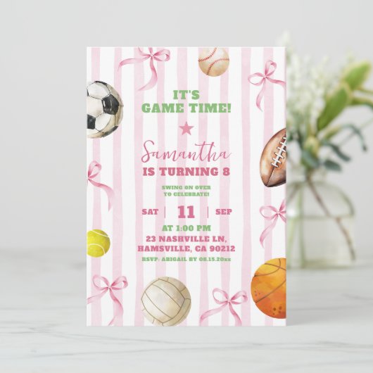 Roze Strepen Bow Meisje Sportspel Tijd Verjaardag Kaart (Staand voorkant)