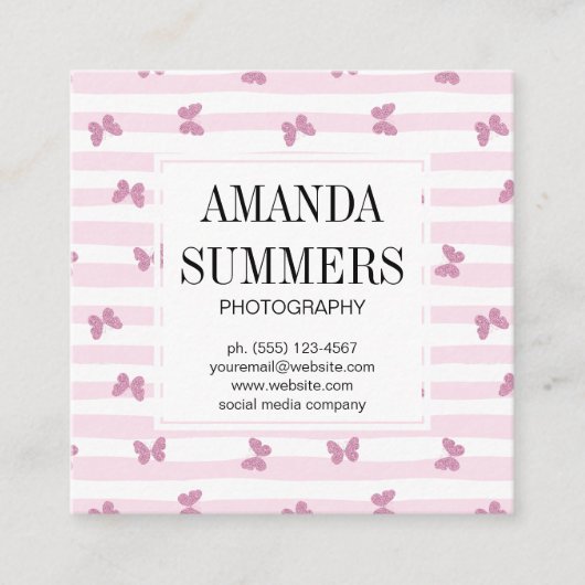 Roze strepen | Elegante glittervlinders Vierkante Visitekaartje (Voorkant)