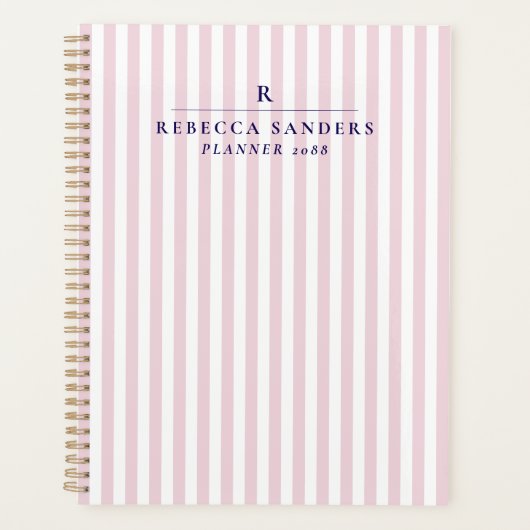 Roze strepen, elegante planner met monogram (Voorkant)