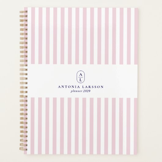 Roze strepen, elegante planner met monogram (Voorkant)