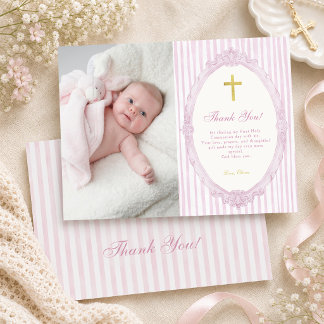 Roze strepen Elegante Vintage Meisje Doop Foto Bedankkaart