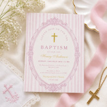Roze Strepen Elegante Vintage Meisje Doop