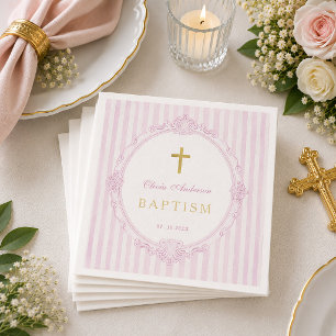 Roze strepen Elegante Vintage Meisje Doopfeest Servet