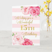 Roze strepen en bloemen Happy 15th Birthday Kaart (Gele Bloem)