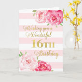 Roze strepen en bloemen Happy 16th Birthday Kaart (Gele Bloem)