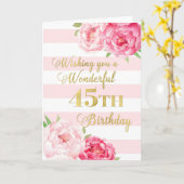 Roze strepen en bloemen Happy 45th Birthday Kaart (Gele Bloem)
