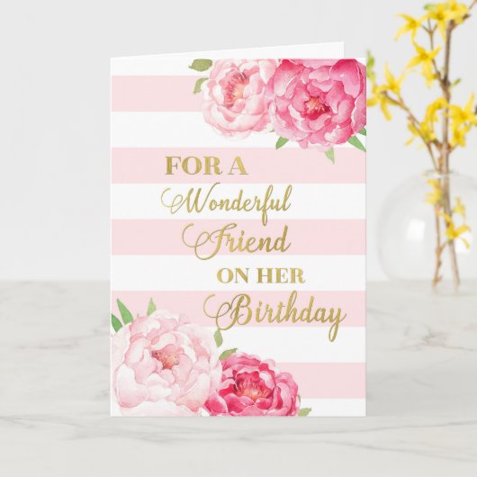 Roze strepen en bloemen Vriend Verjaardag Kaart (Gele Bloem)