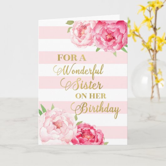 Roze strepen en bloemen Zuster Verjaardag Kaart (Gele Bloem)