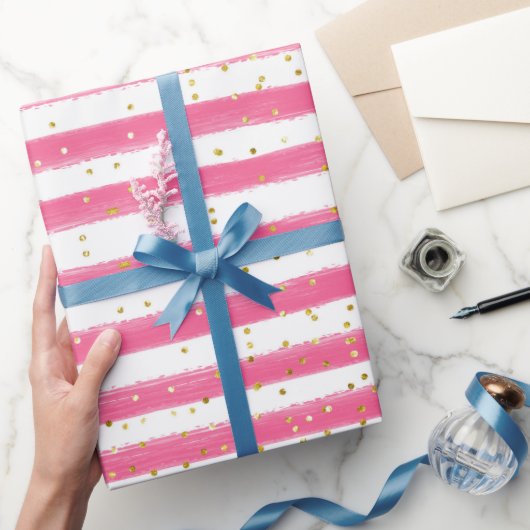 Roze strepen en gouden glitter-meisje cadeaupapier (Geschenken)