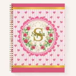 Roze Strepen en Harten Bloem Roos Monogram Notitieboek