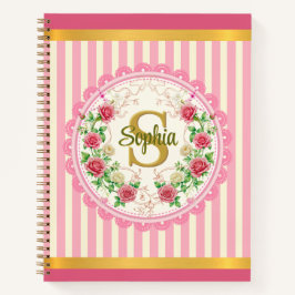 Roze strepen en harten bloemrozen monogram notitieboek
