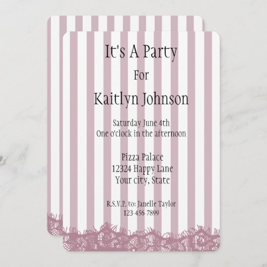 Roze strepen en kant verjaardag kaart (Voorkant / Achterkant)